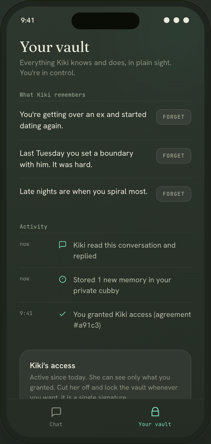 Your vault: what Kiki remembers, activity, and revoke access